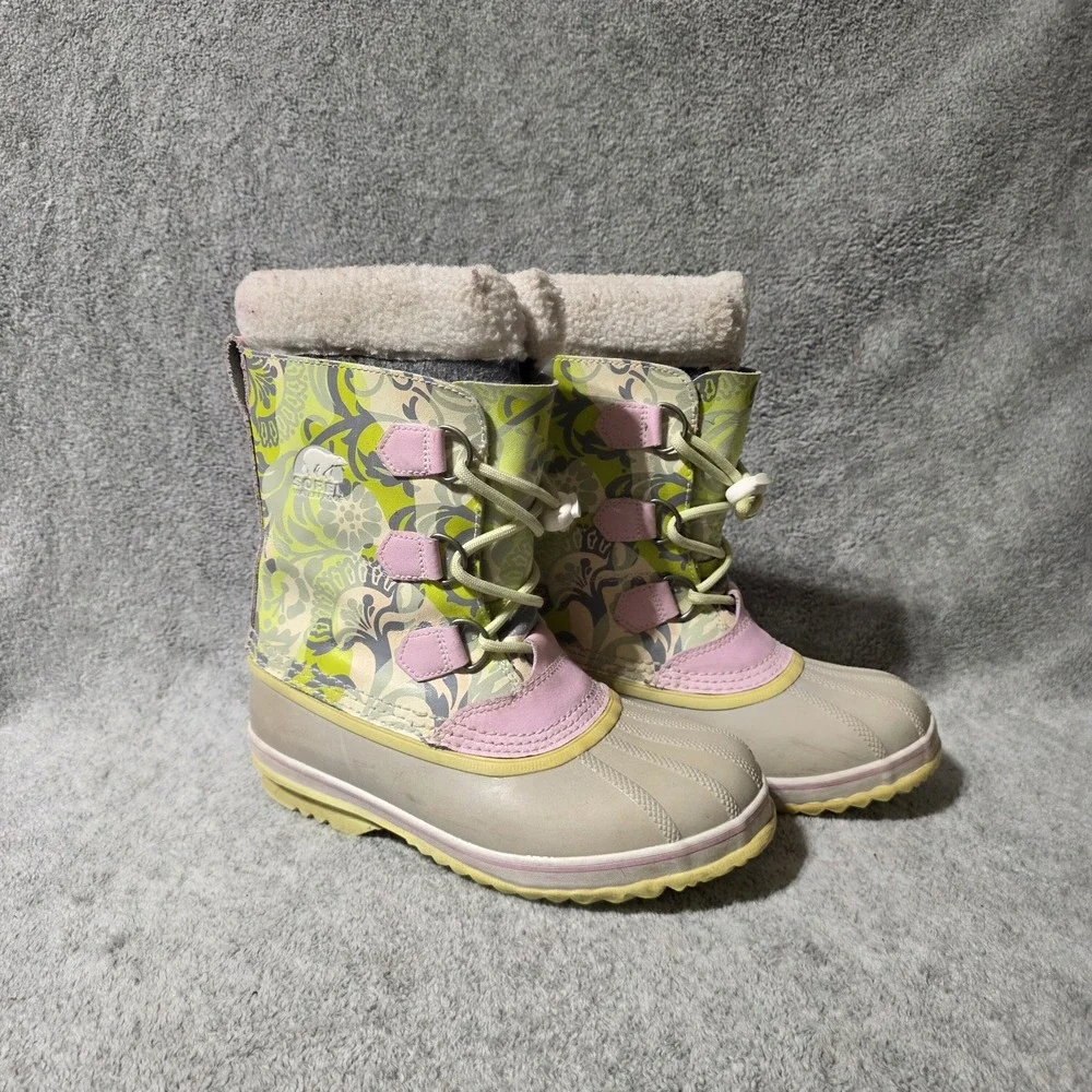 Sorel Sz 5 Pink Green Warm Winter Yoot PAC Snow Boots Floral Lace Up Lined